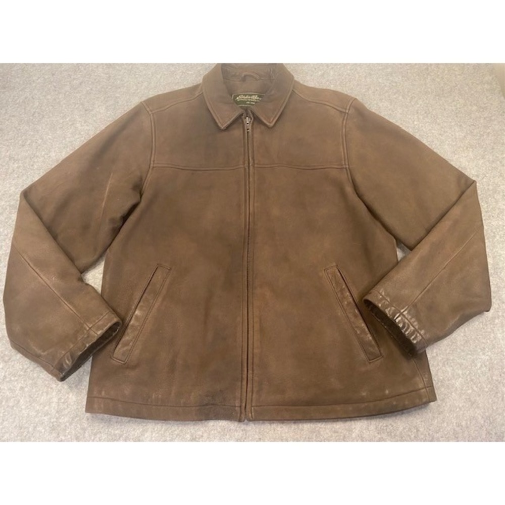 Eddie Bauer Brown Cowhide Full Zip Leather Jacket Men Size Tall Large**VINTAGE